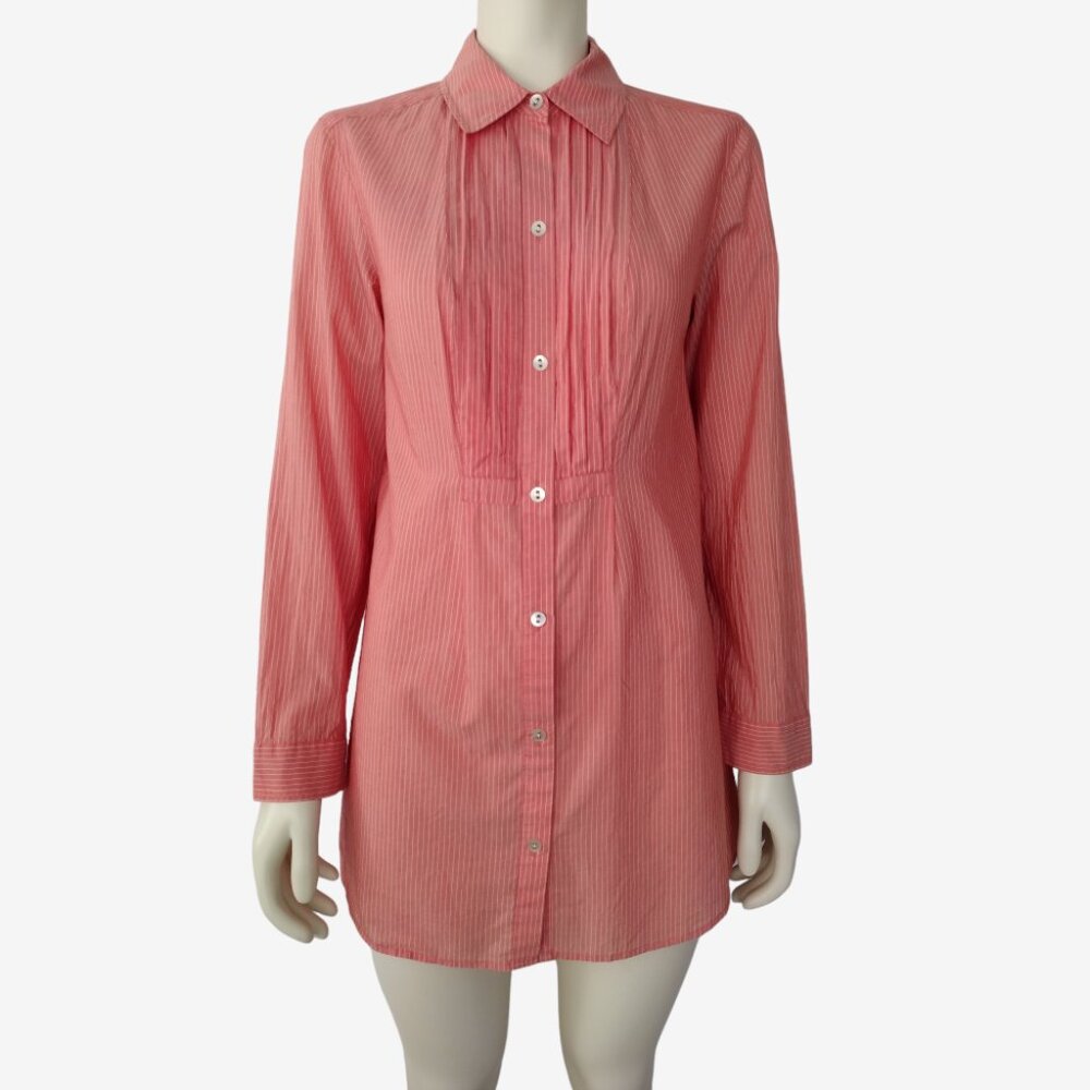 Chicos Cotton Silk Blend Pinstriped Button Down Collared Tunic Top Size 1